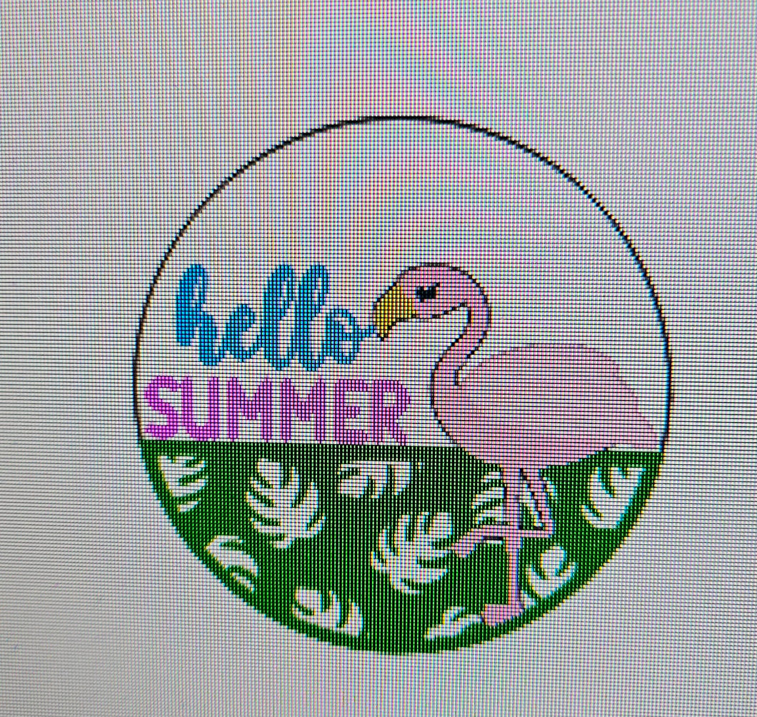 Hello summer flamingo palm leaves round