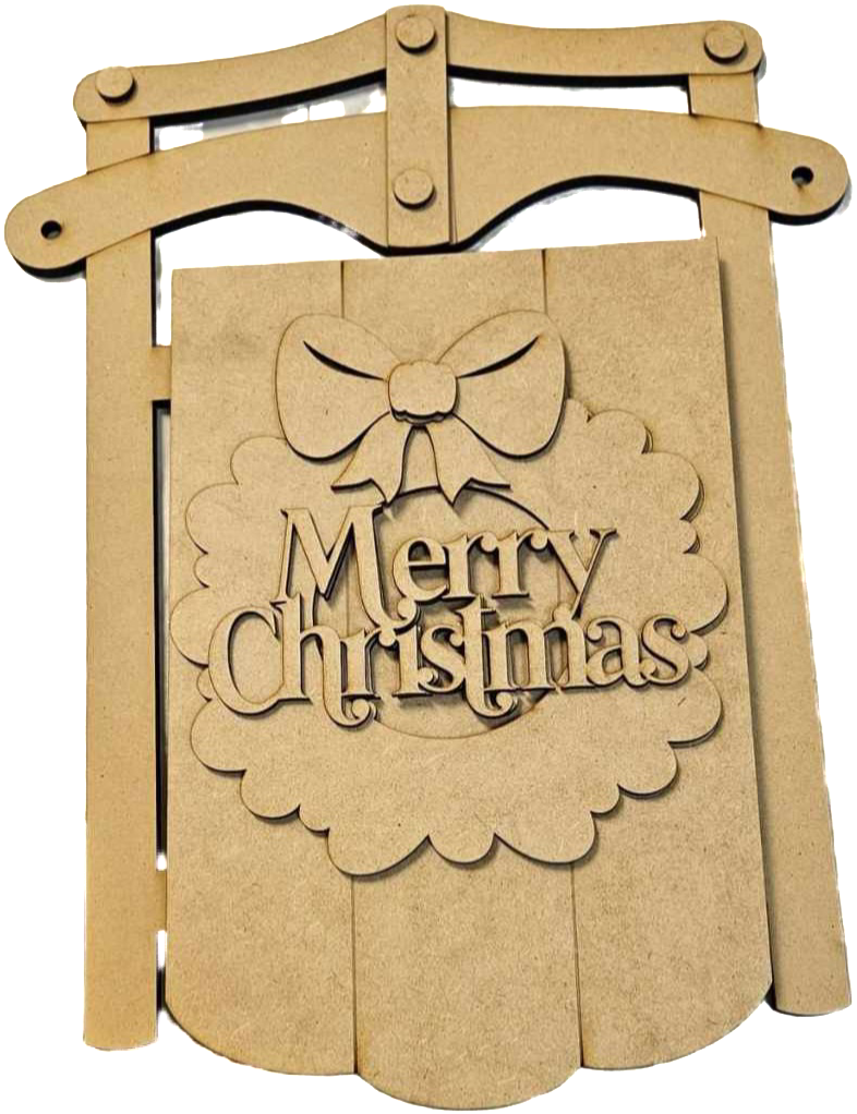 Merry Christmas Sled With Wreath Door Hanger